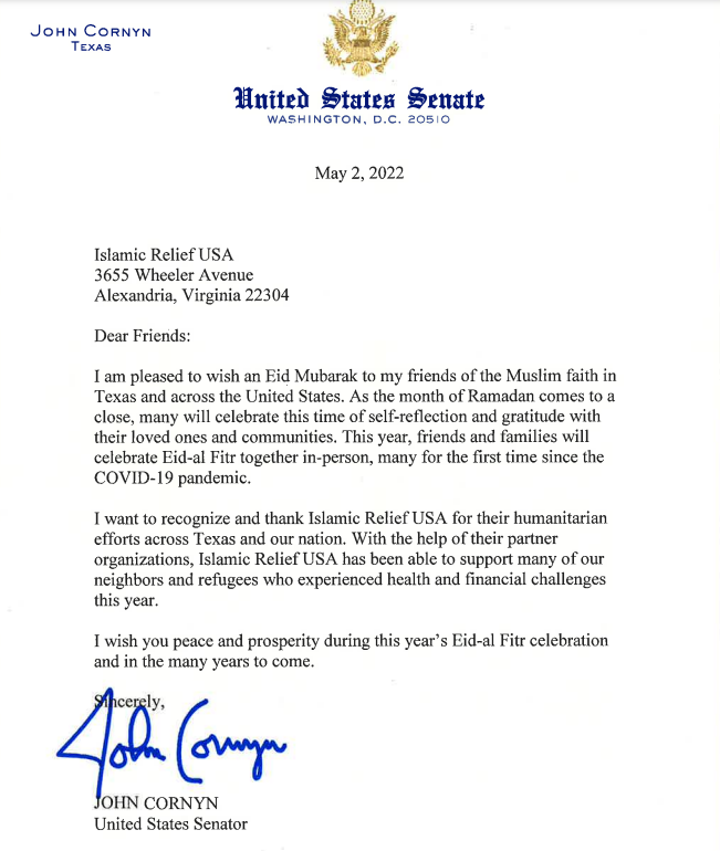 May 2022 letter from John Cornyn to Islamic Relief USA