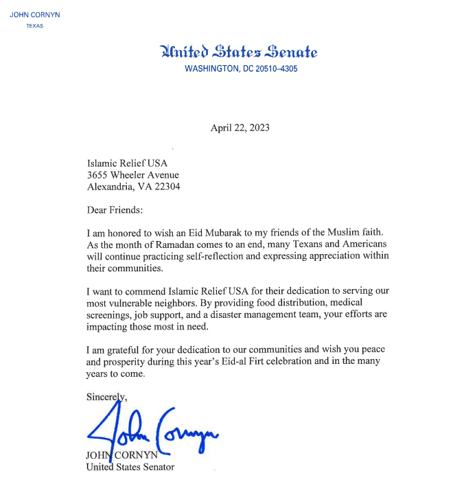 April 2023 Eid Mubarak letter from John Cornyn to Islamic Relief USA